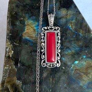 Sterling Silver 925 Faux Red Coral Rectangular Scrollwork Pendant Necklace 20"